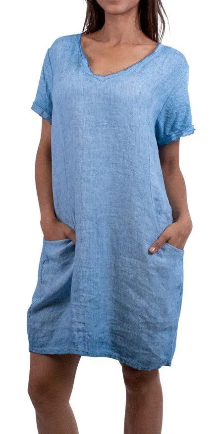 Perla Linen Short Dress in Blue