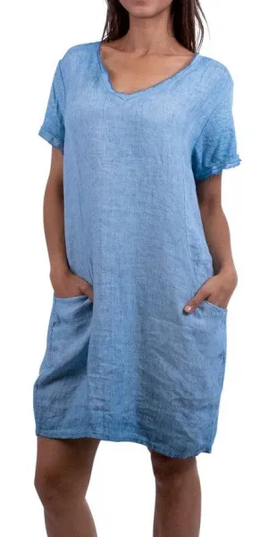 Perla Linen Short Dress in Blue