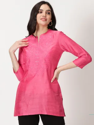 Pink Art Raw Silk Tunic with Embroidered Neck