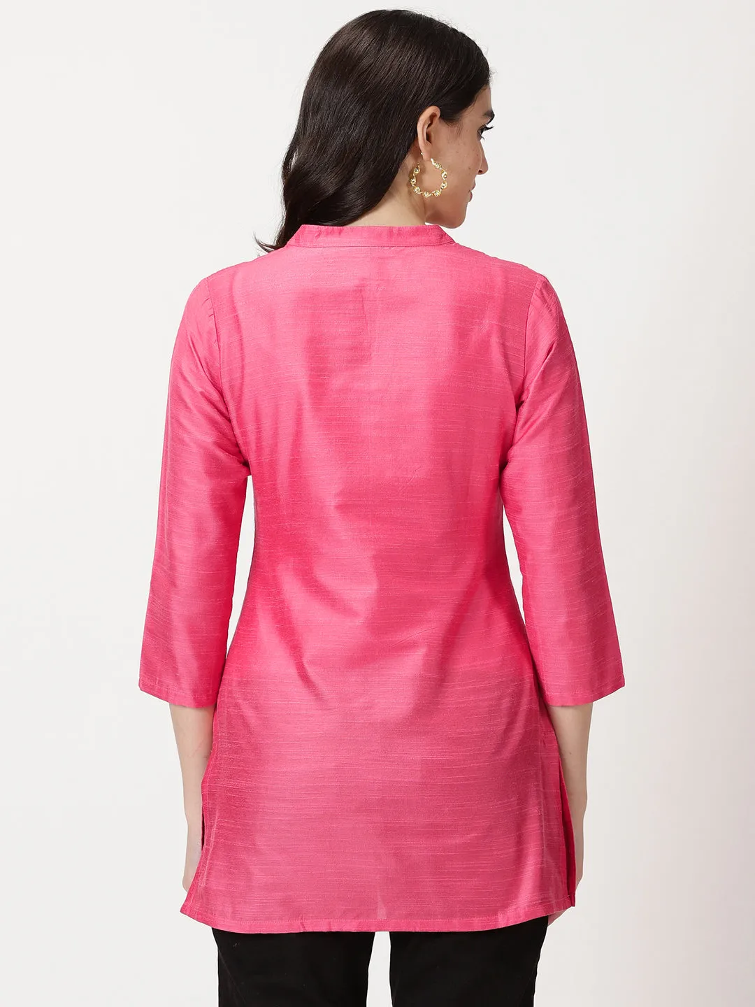 Pink Art Raw Silk Tunic with Embroidered Neck