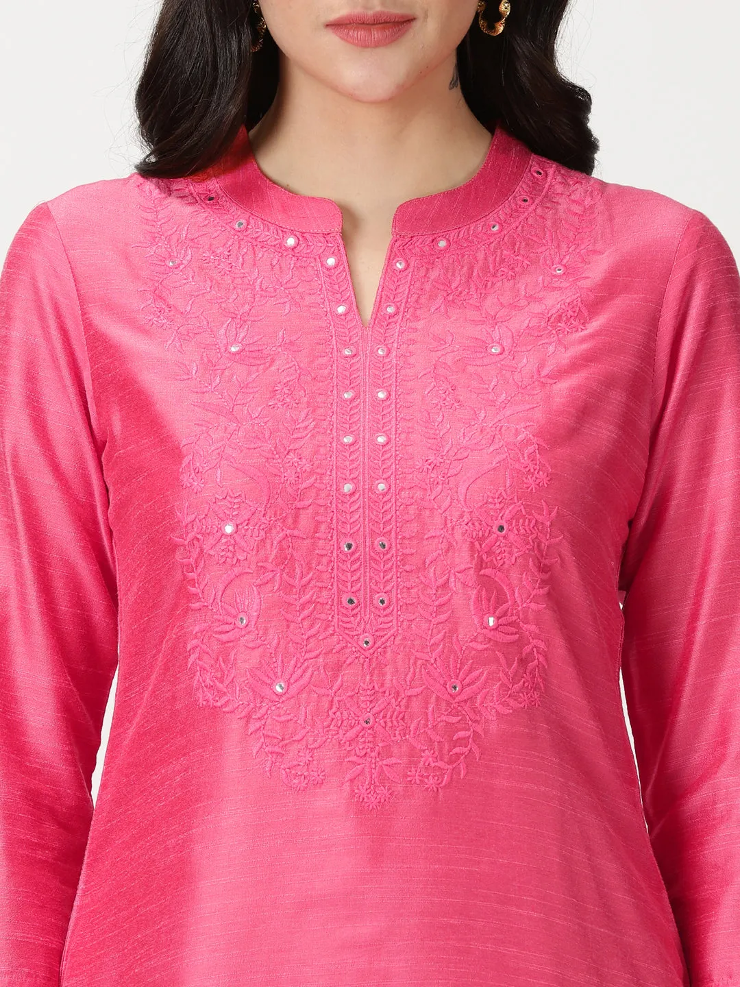 Pink Art Raw Silk Tunic with Embroidered Neck