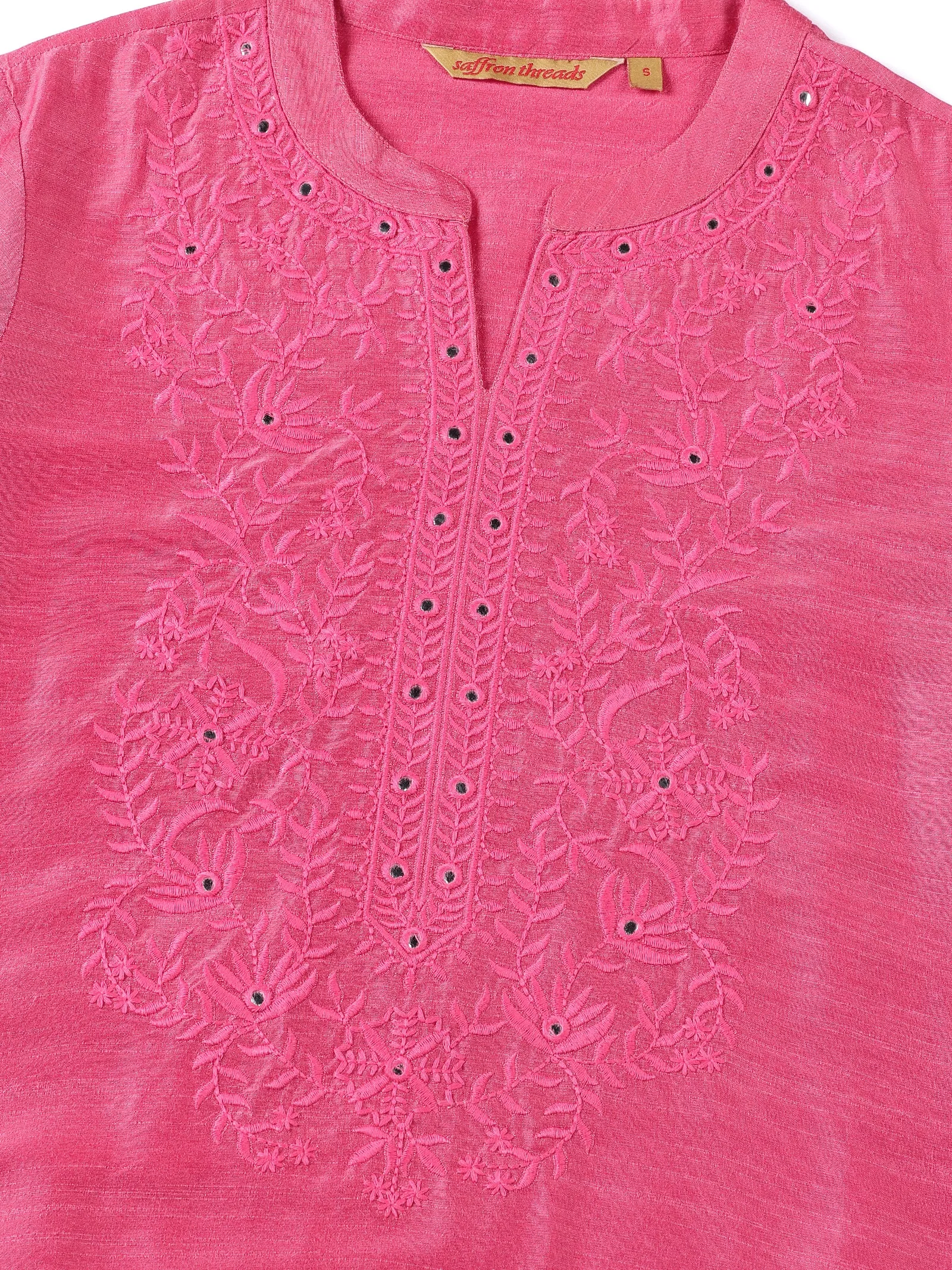 Pink Art Raw Silk Tunic with Embroidered Neck