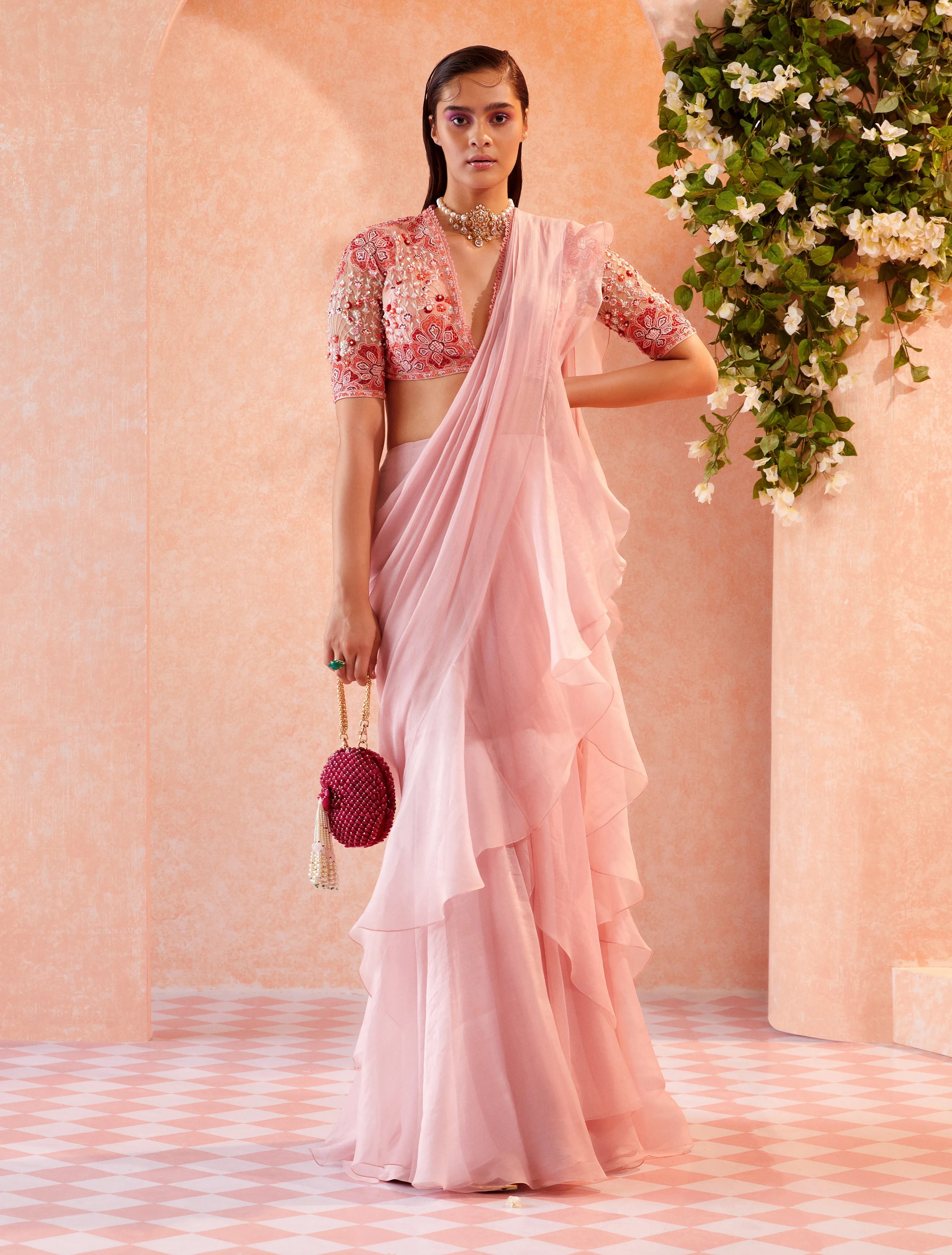 Pink Briar Draped Saree And Blouse