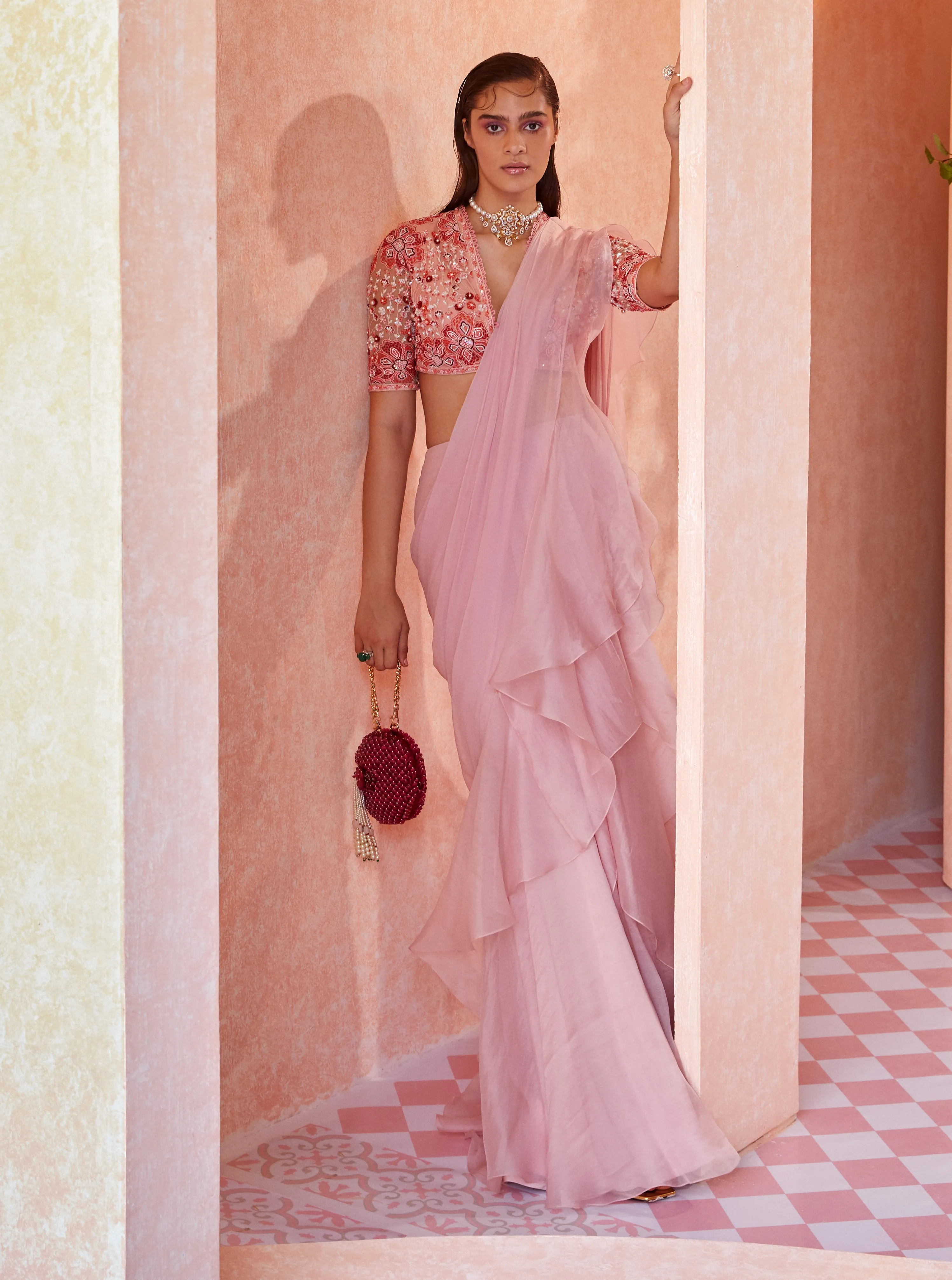 Pink Briar Draped Saree And Blouse