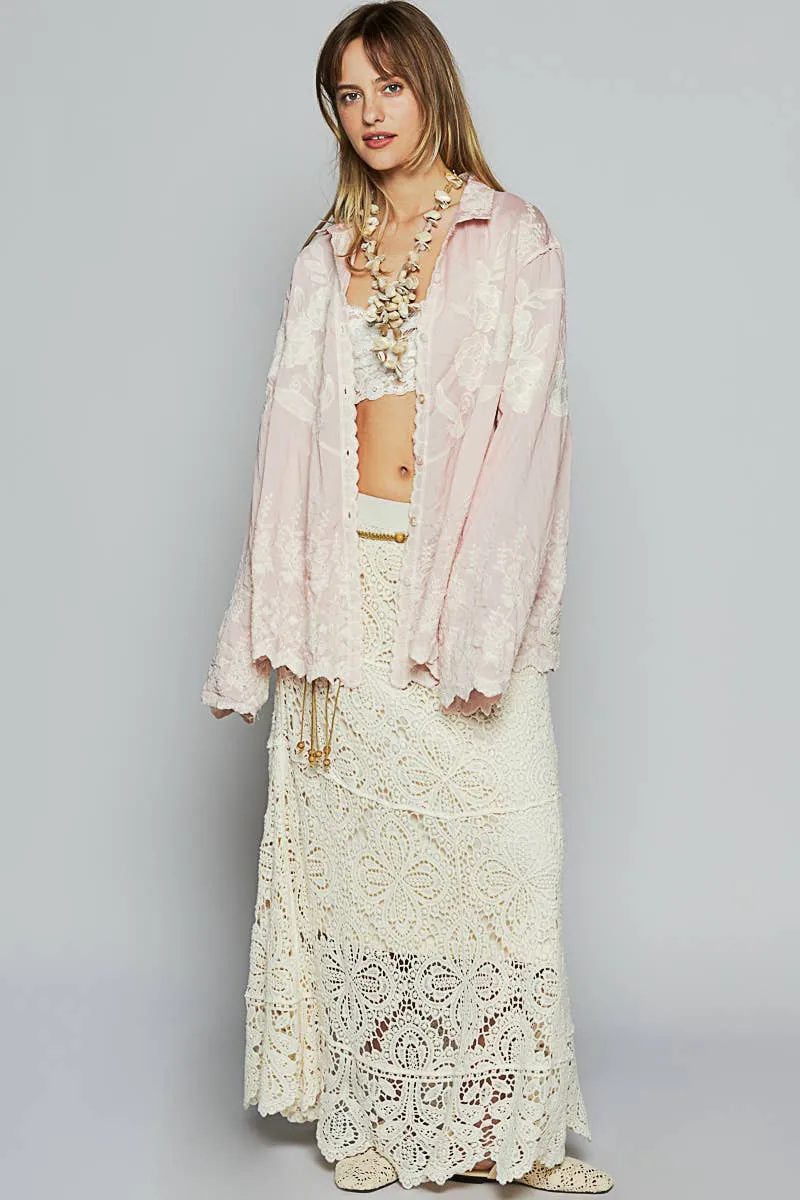 Pink Long sleeve crochet embroidered shirt POL top