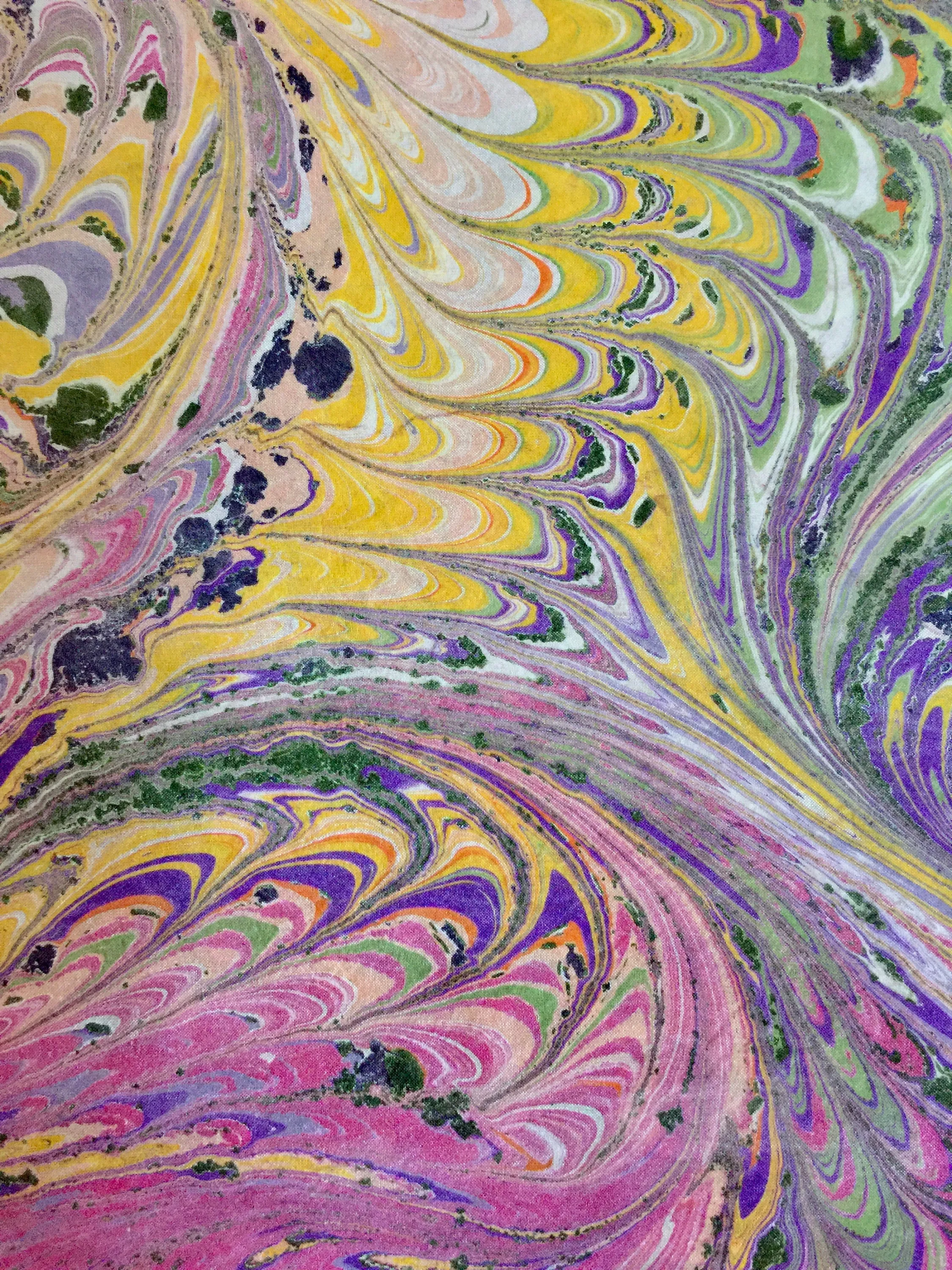 Pink, Purple, Yellow and Green Combed Swirl Patterned Habotai Silk 14x72"
