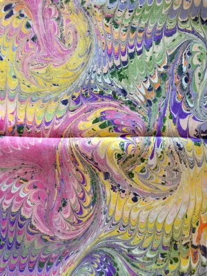 Pink, Purple, Yellow and Green Combed Swirl Patterned Habotai Silk 14x72"