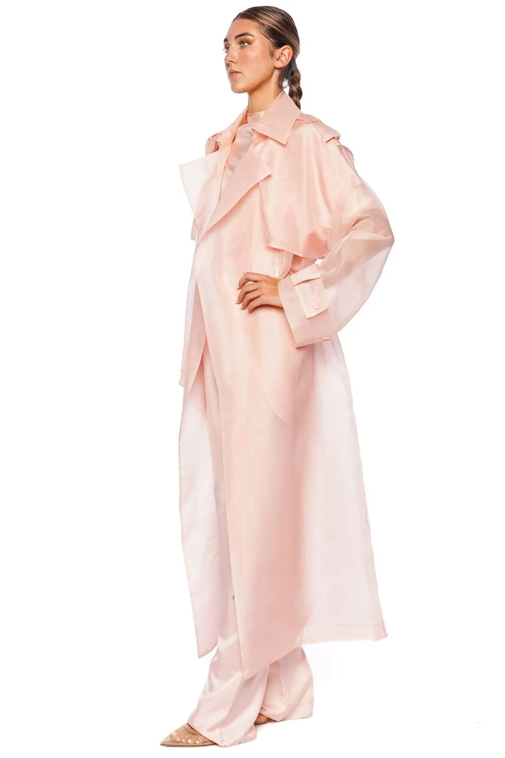 Pink Silk Organza Belted Trench Coat