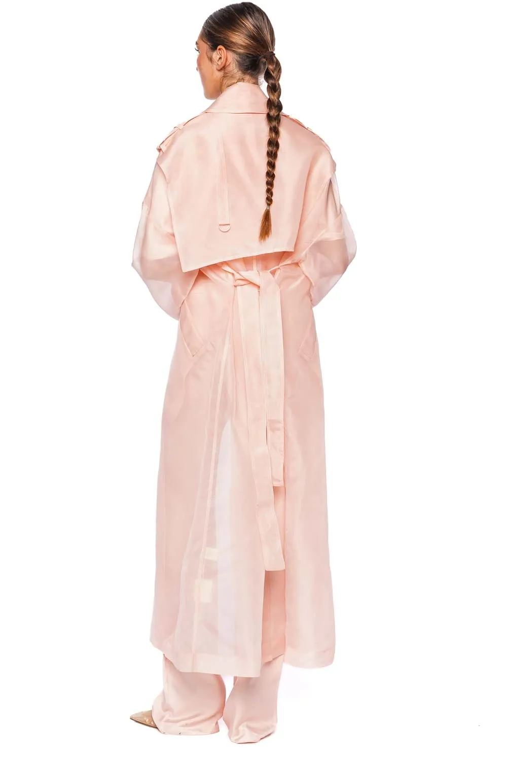 Pink Silk Organza Belted Trench Coat