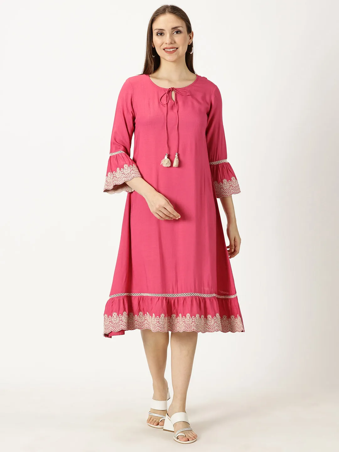 Pink Solid Dress with Lace Embroidered Details
