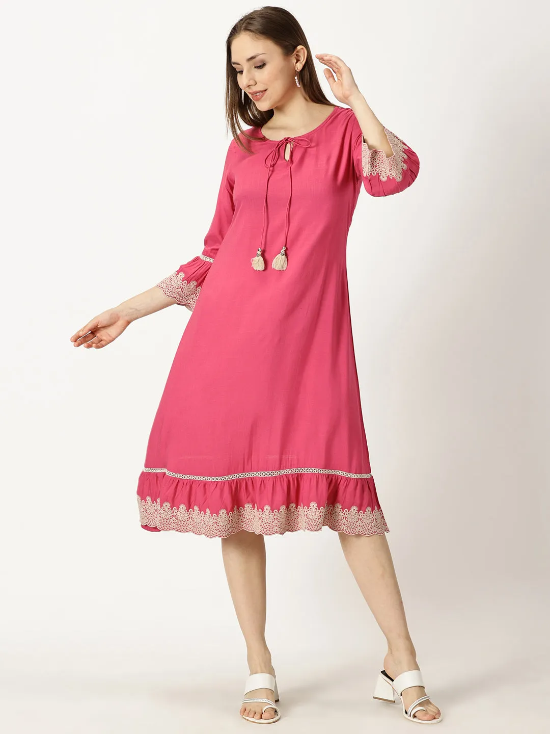 Pink Solid Dress with Lace Embroidered Details