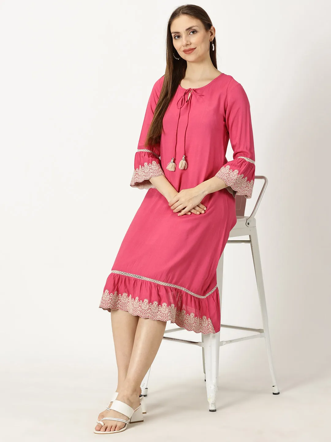 Pink Solid Dress with Lace Embroidered Details