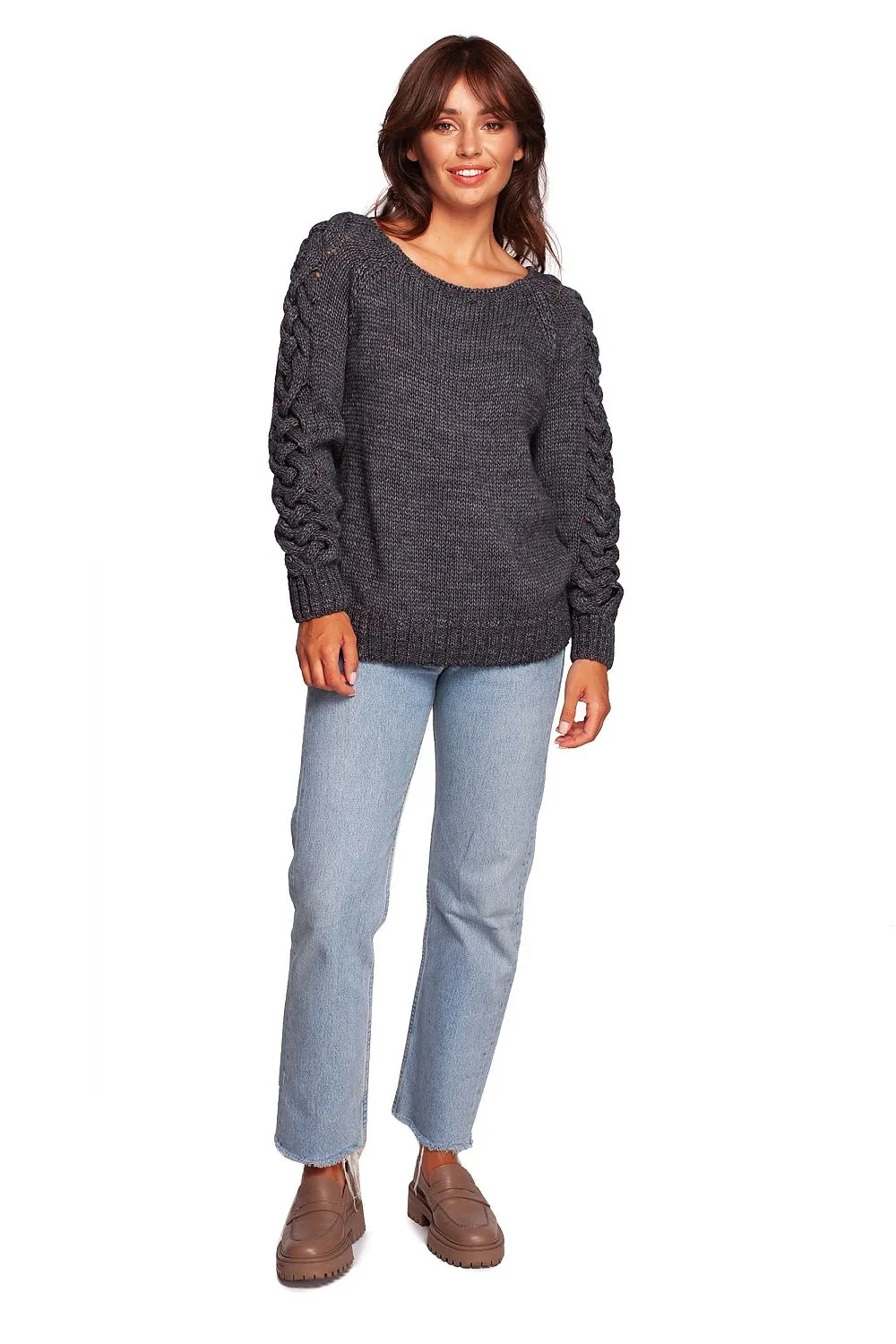 Plaid Weave Shoulder-Exposing Sweater