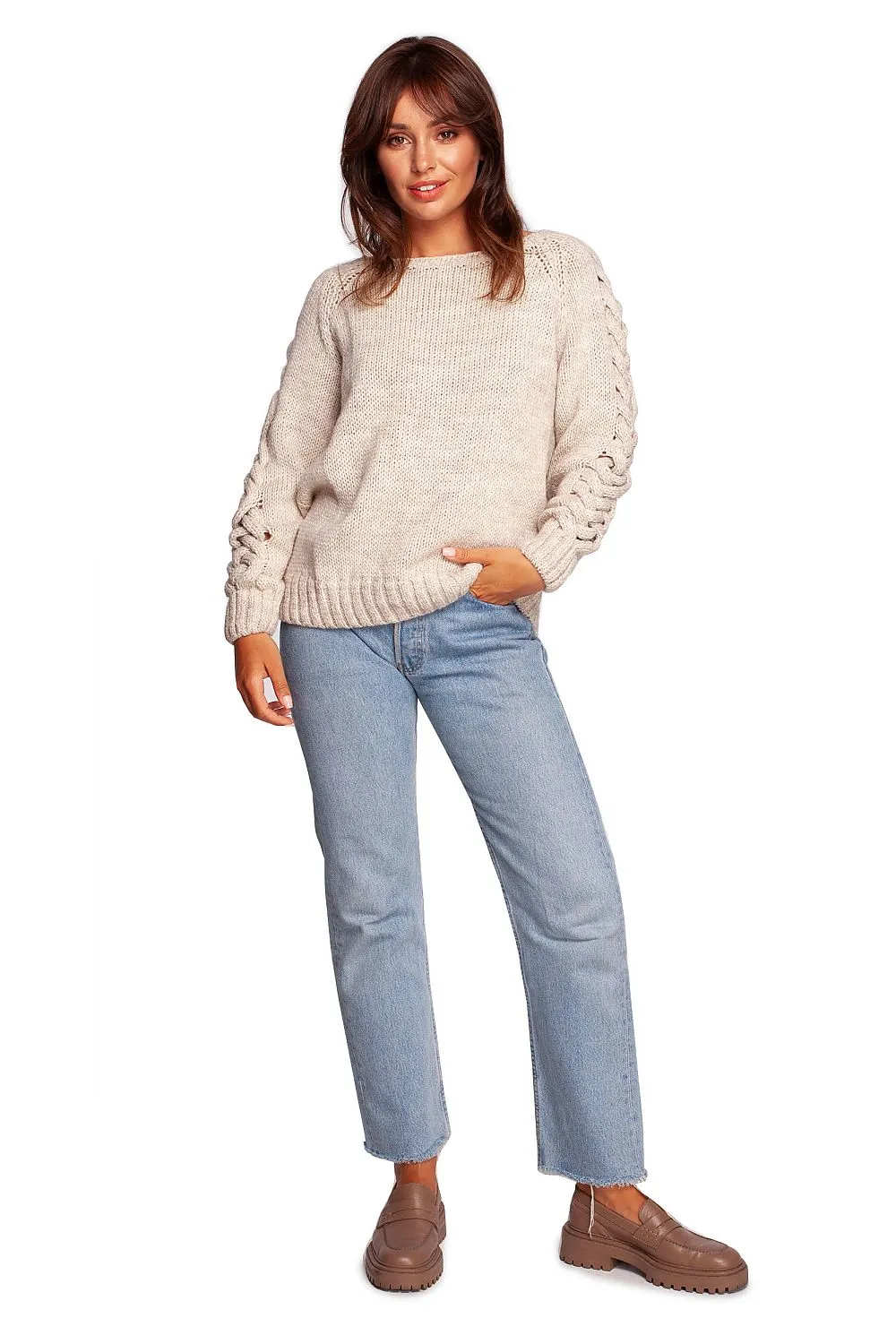 Plaid Weave Shoulder-Exposing Sweater