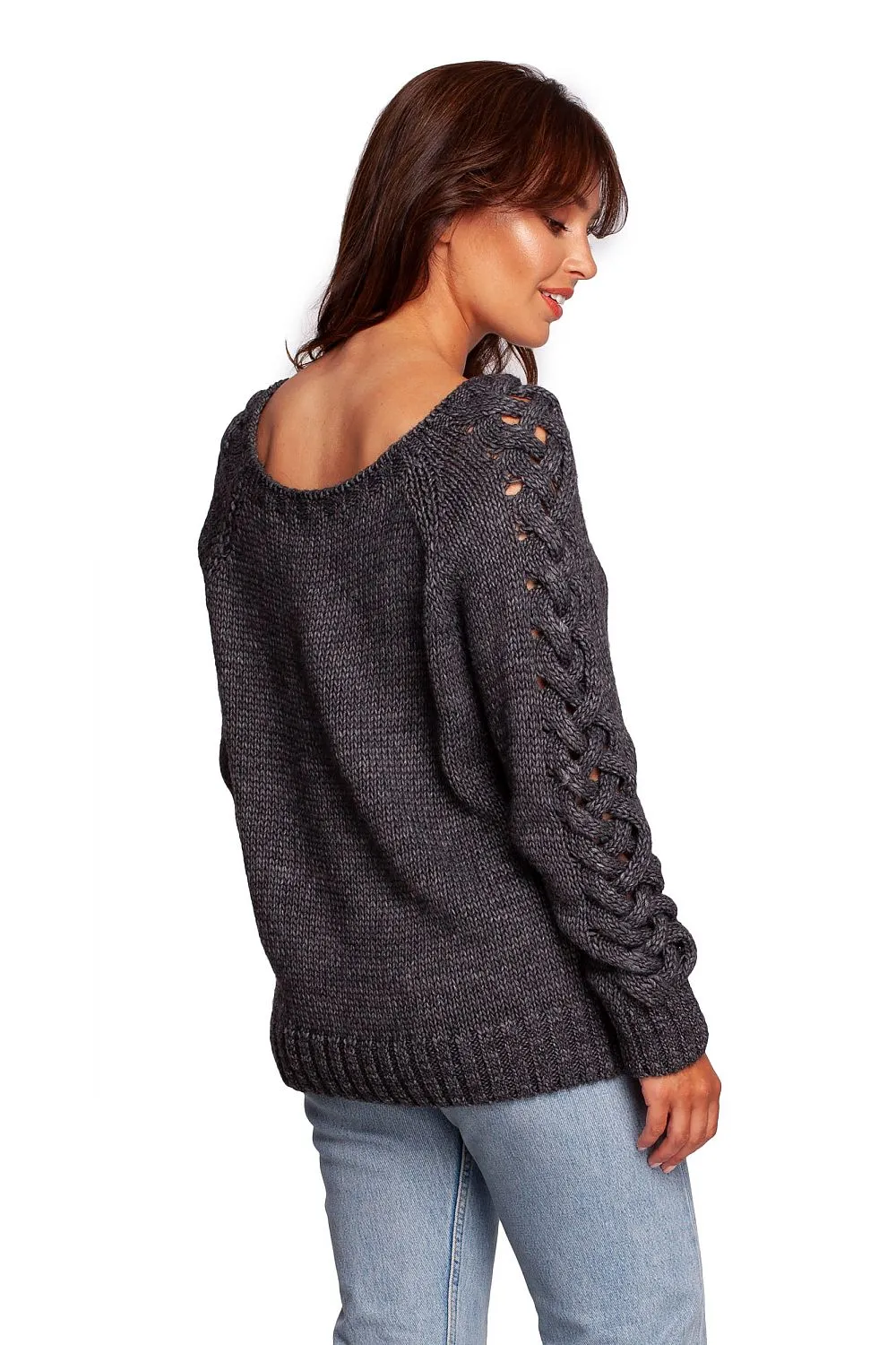Plaid Weave Shoulder-Exposing Sweater