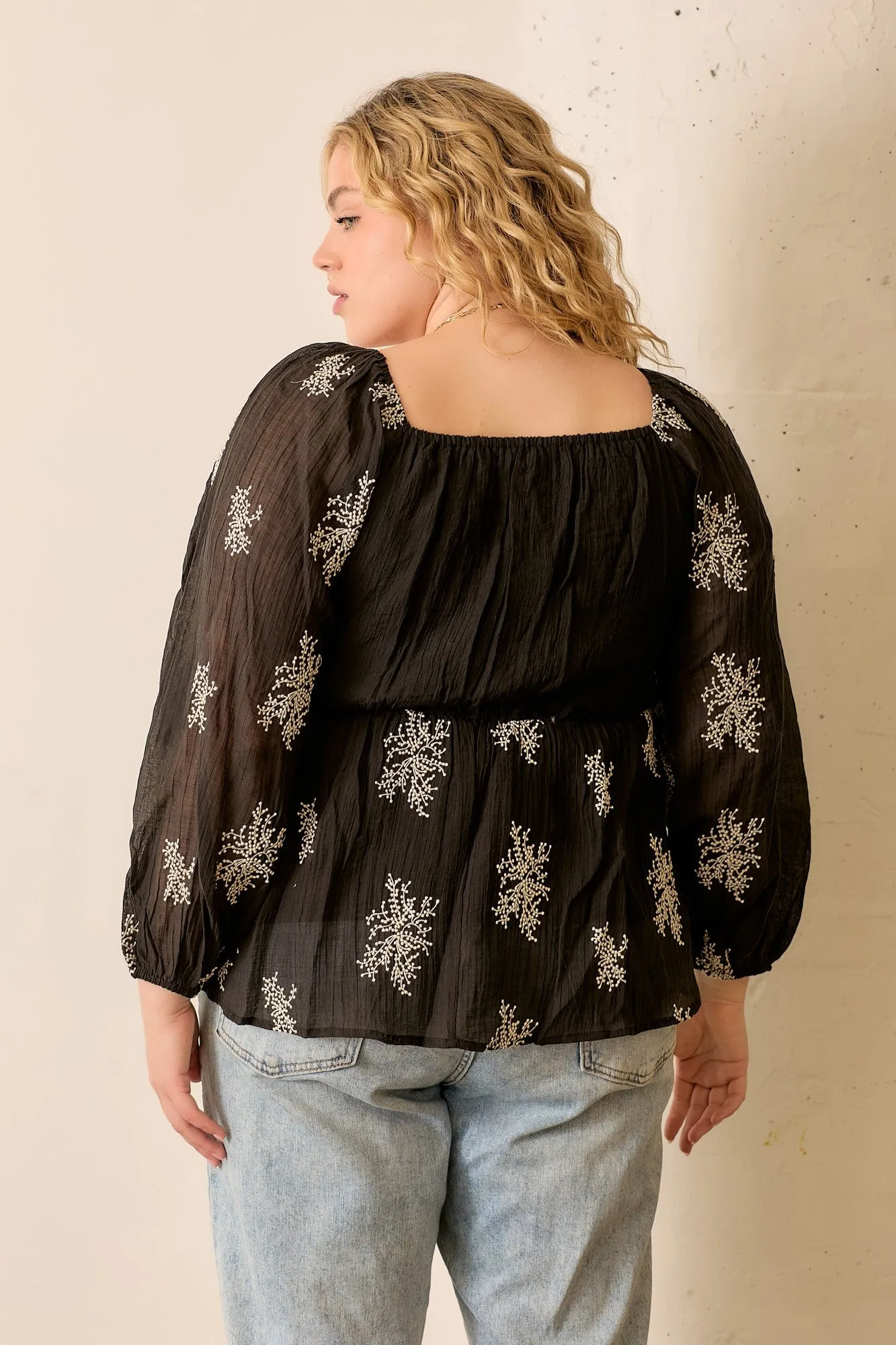 PLUS EMBROIDERED SMOCKED BLOUSE