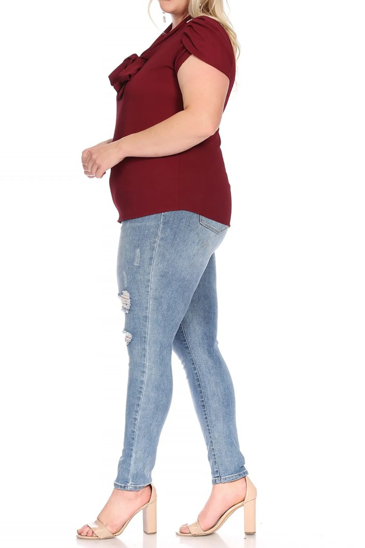 Plus Size Casual Solid Petal Sleeve Bow Tie Neck Short Sleeve Blouse Shirt Top B2040 $11