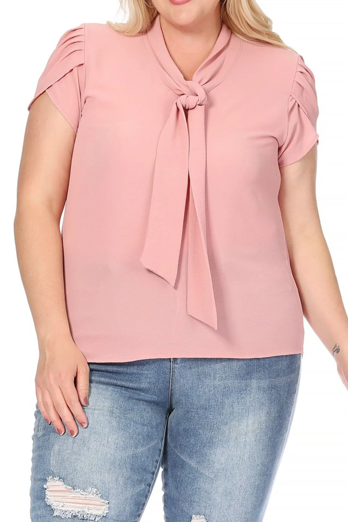 Plus Size Casual Solid Petal Sleeve Bow Tie Neck Short Sleeve Blouse Shirt Top B2040 $11