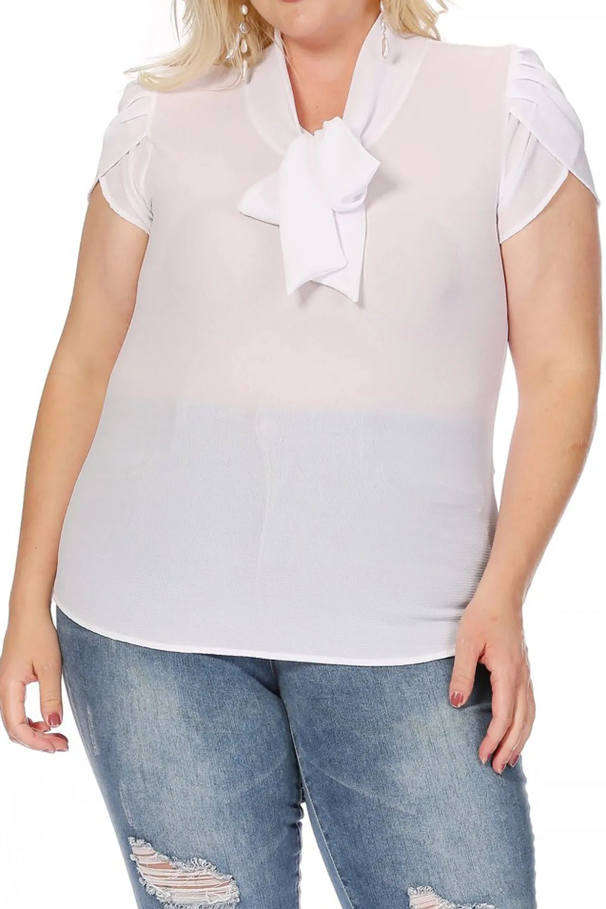Plus Size Casual Solid Petal Sleeve Bow Tie Neck Short Sleeve Blouse Shirt Top B2040 $11