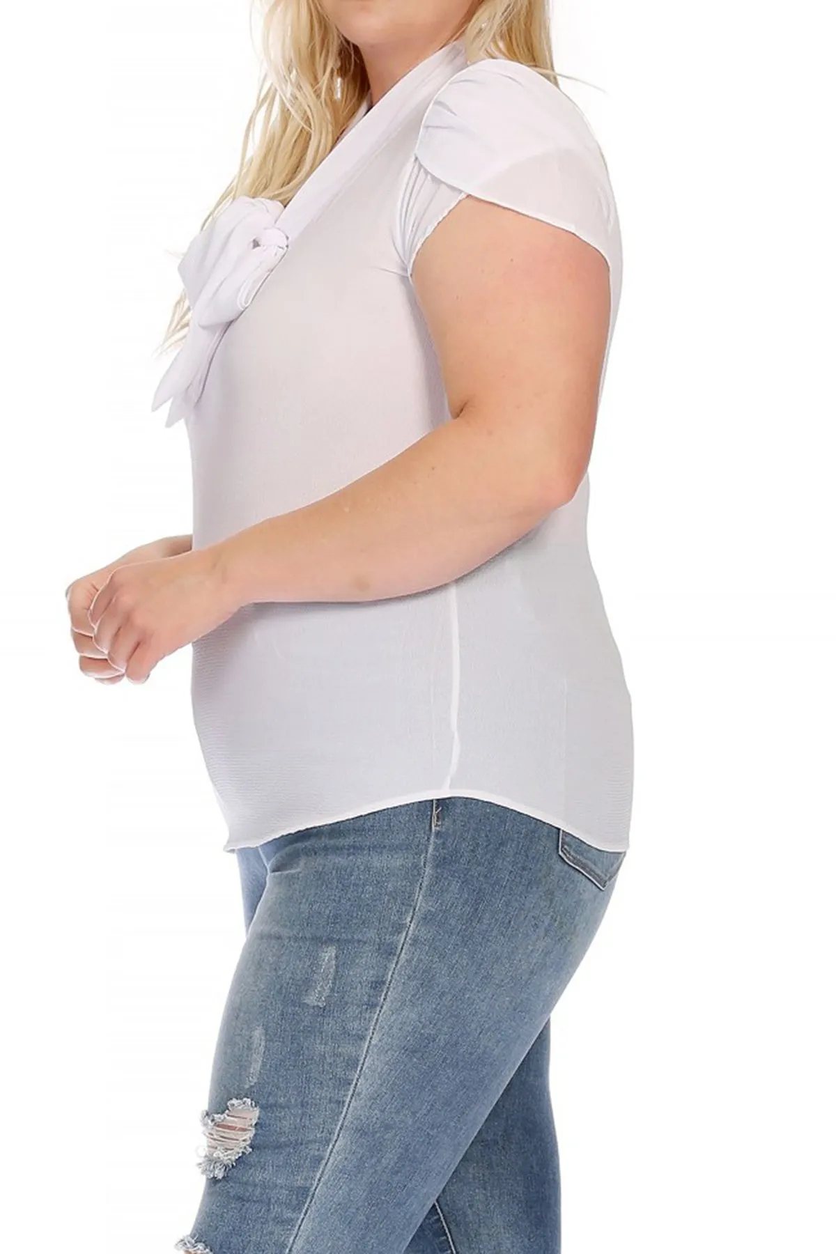 Plus Size Casual Solid Petal Sleeve Bow Tie Neck Short Sleeve Blouse Shirt Top B2040 $11