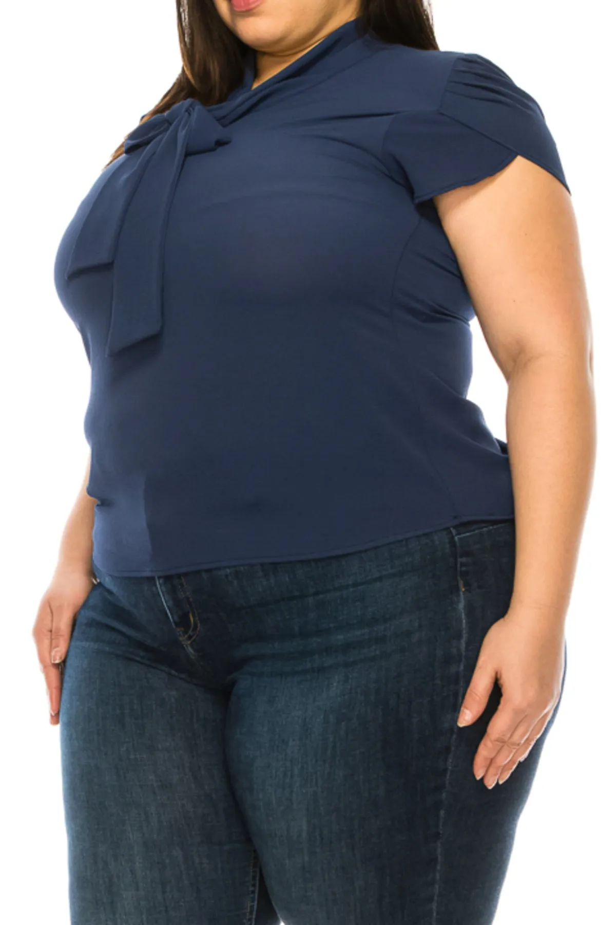 Plus Size Casual Solid Petal Sleeve Bow Tie Neck Short Sleeve Blouse Shirt Top B2040 $11