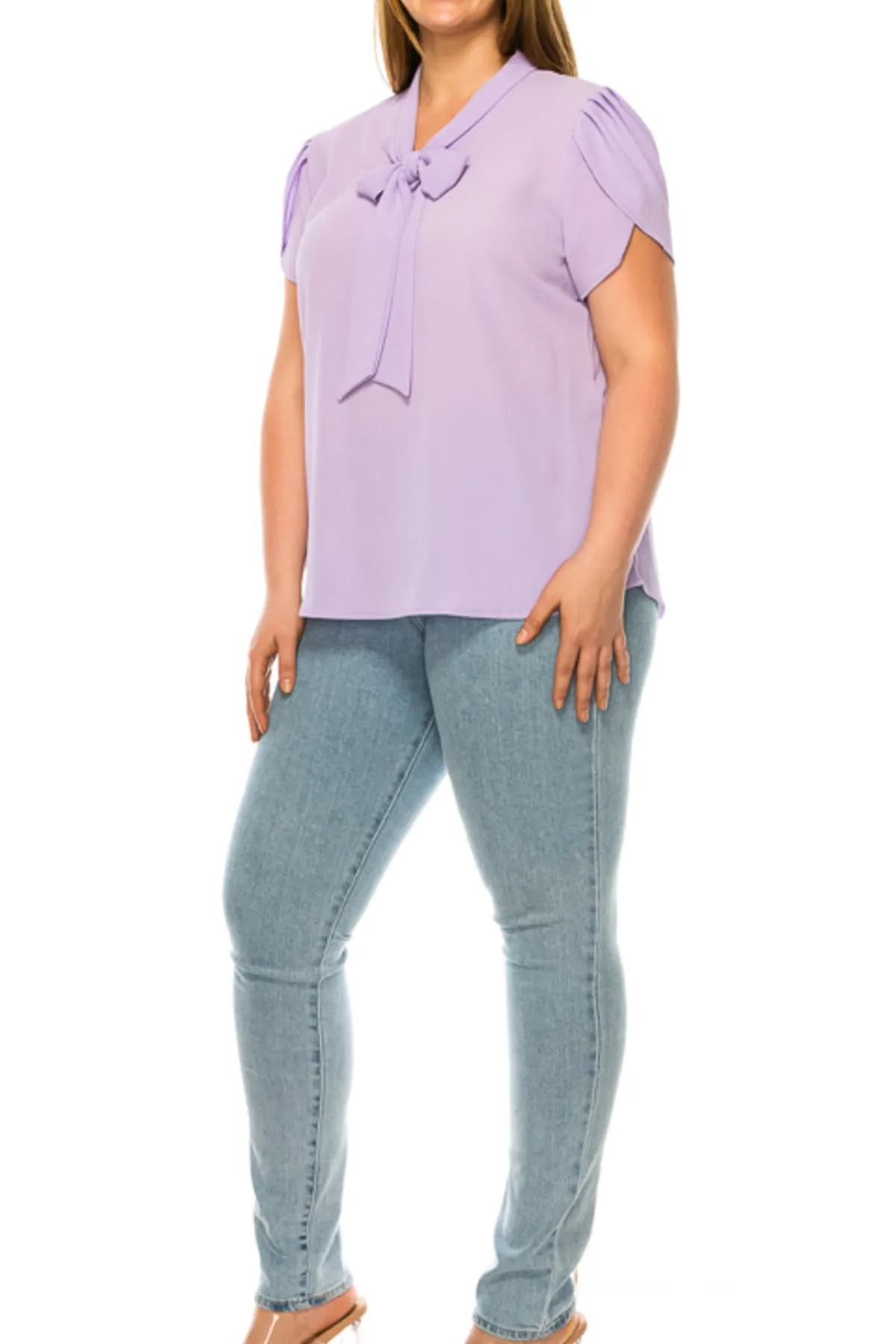Plus Size Casual Solid Petal Sleeve Bow Tie Neck Short Sleeve Blouse Shirt Top B2040 $11