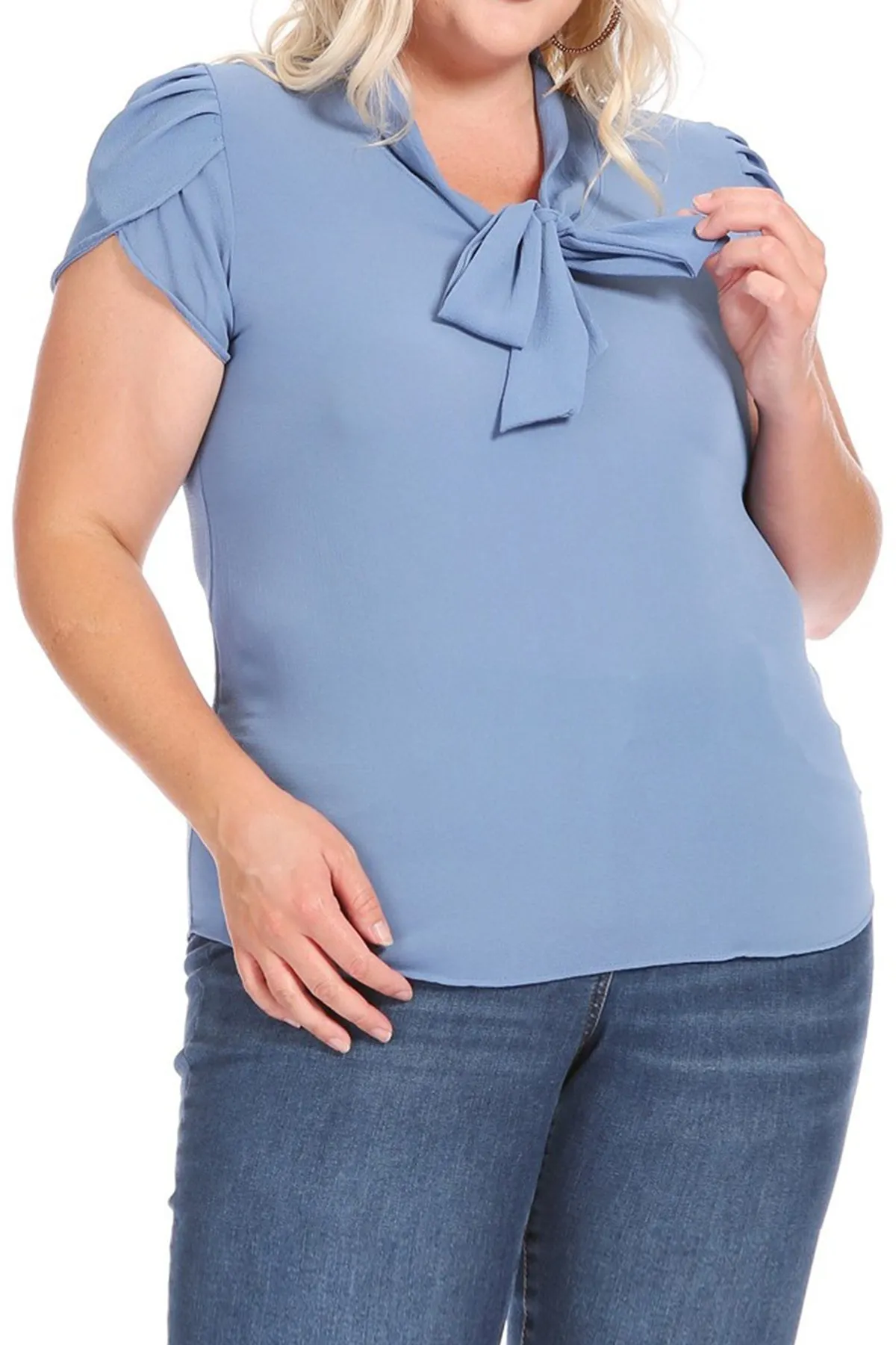 Plus Size Casual Solid Petal Sleeve Bow Tie Neck Short Sleeve Blouse Shirt Top B2040 $11