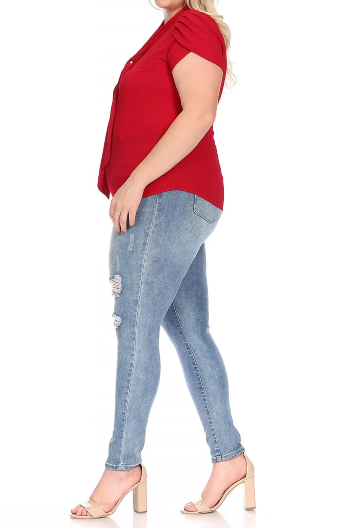 Plus Size Casual Solid Petal Sleeve Bow Tie Neck Short Sleeve Blouse Shirt Top B2040 $11