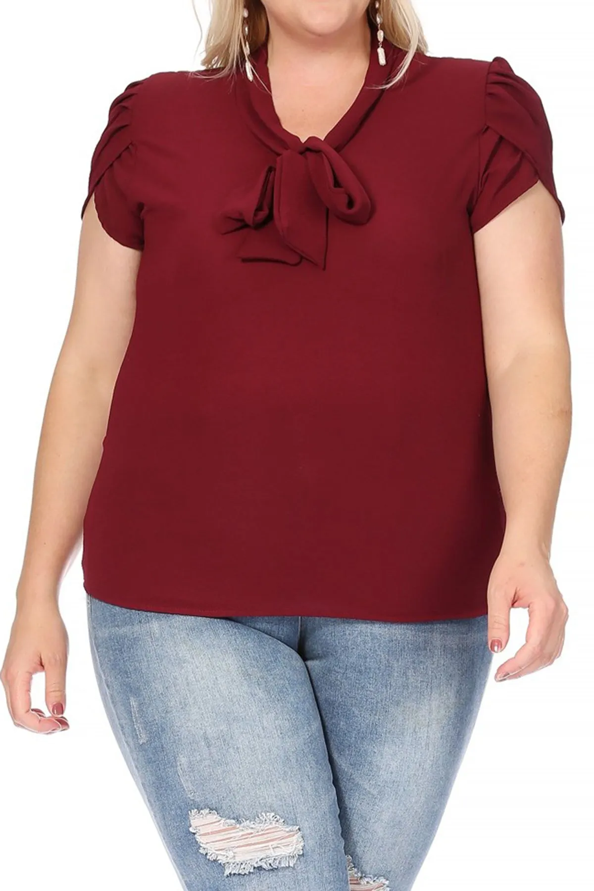 Plus Size Casual Solid Petal Sleeve Bow Tie Neck Short Sleeve Blouse Shirt Top B2040 $11