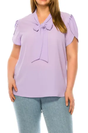 Plus Size Casual Solid Petal Sleeve Bow Tie Neck Short Sleeve Blouse Shirt Top B2040 $11