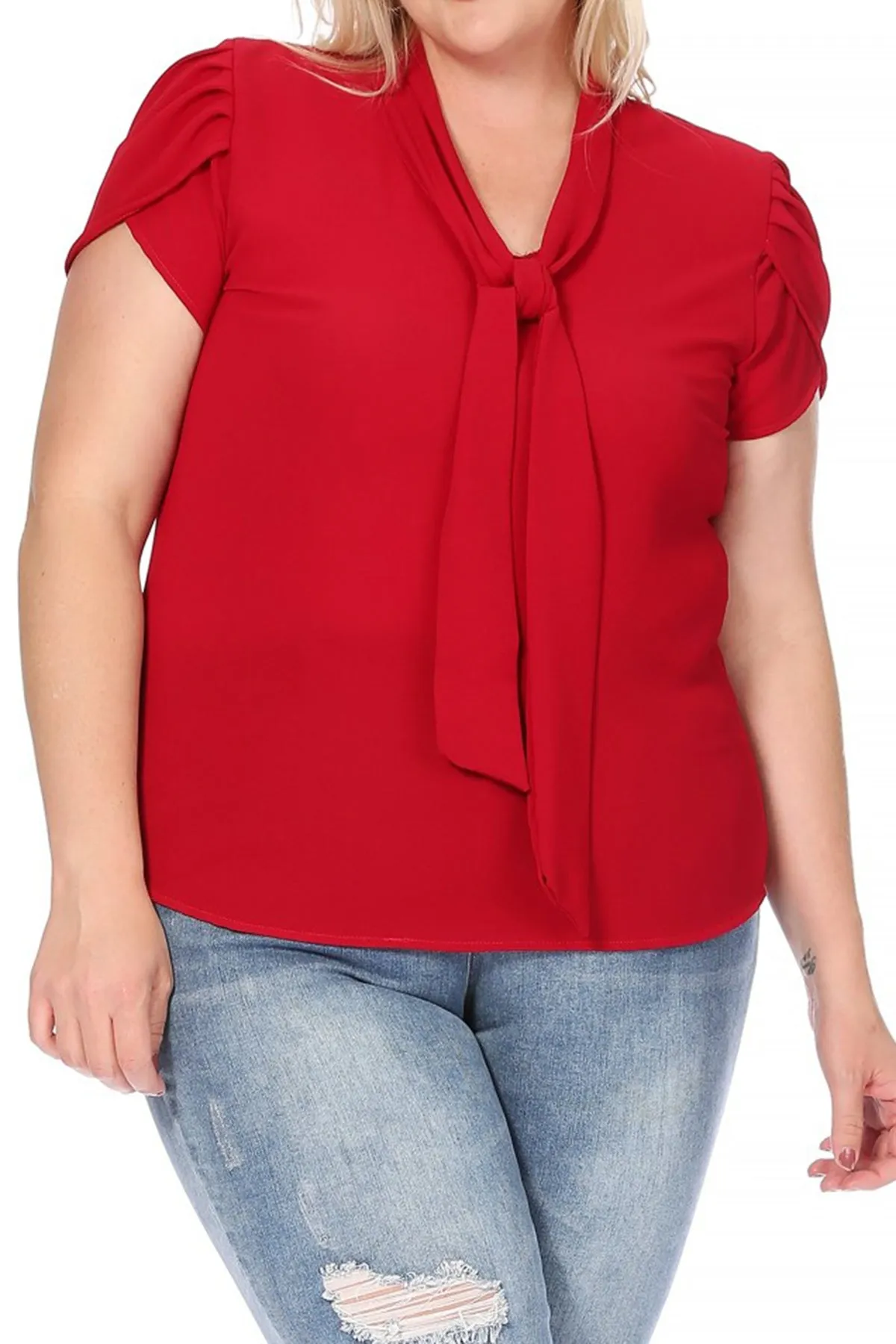Plus Size Casual Solid Petal Sleeve Bow Tie Neck Short Sleeve Blouse Shirt Top B2040 $11