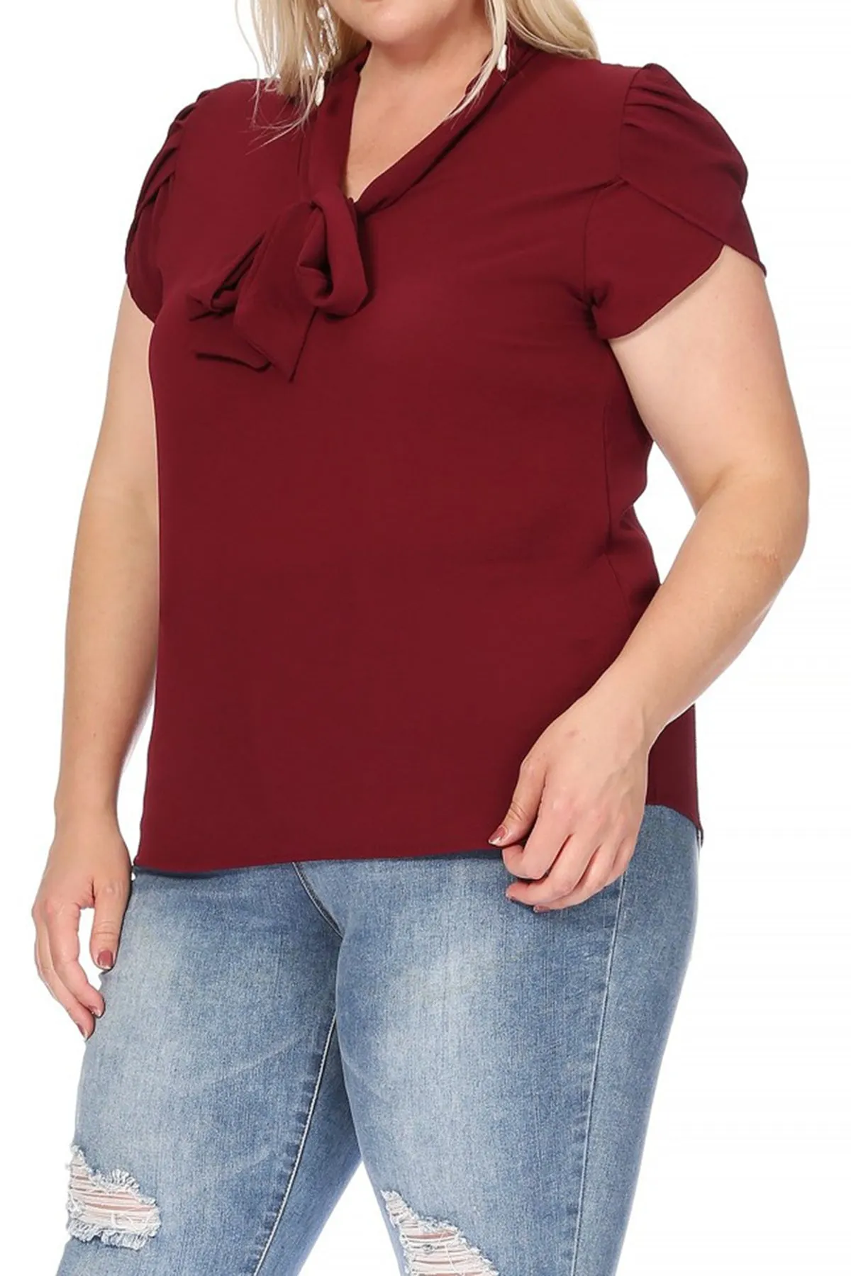 Plus Size Casual Solid Petal Sleeve Bow Tie Neck Short Sleeve Blouse Shirt Top B2040 $11