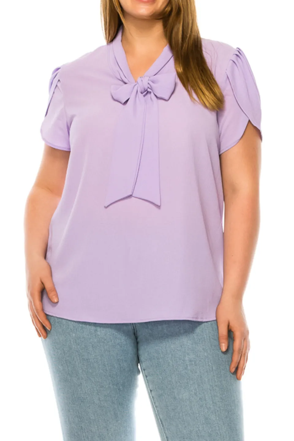 Plus Size Casual Solid Petal Sleeve Bow Tie Neck Short Sleeve Blouse Shirt Top B2040 $11