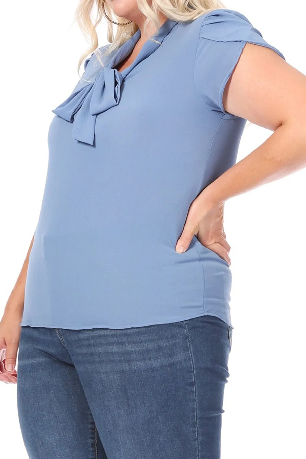 Plus Size Casual Solid Petal Sleeve Bow Tie Neck Short Sleeve Blouse Shirt Top B2040 $11