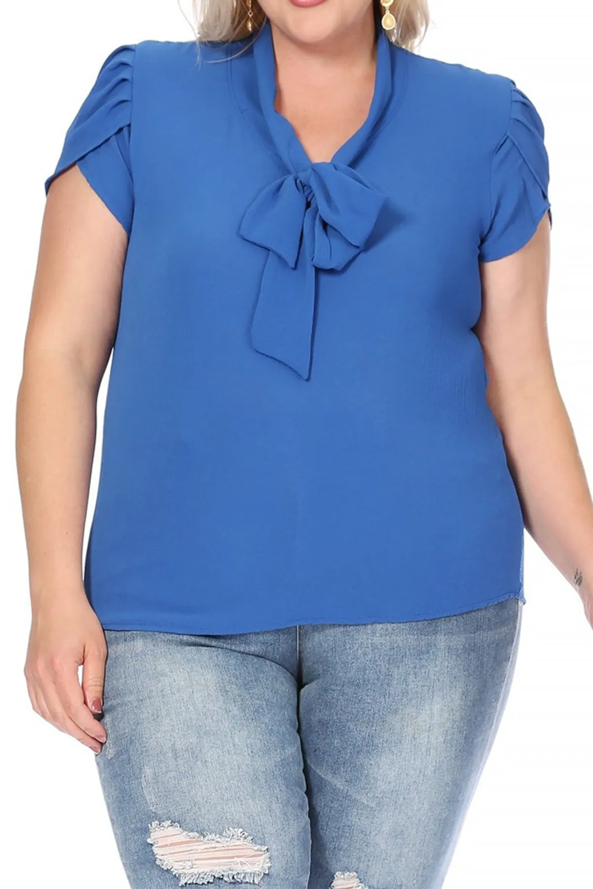 Plus Size Casual Solid Petal Sleeve Bow Tie Neck Short Sleeve Blouse Shirt Top B2040 $11