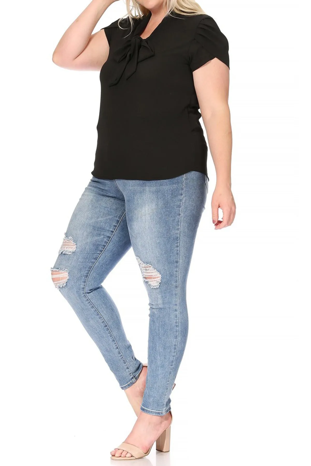 Plus Size Casual Solid Petal Sleeve Bow Tie Neck Short Sleeve Blouse Shirt Top B2040 $11
