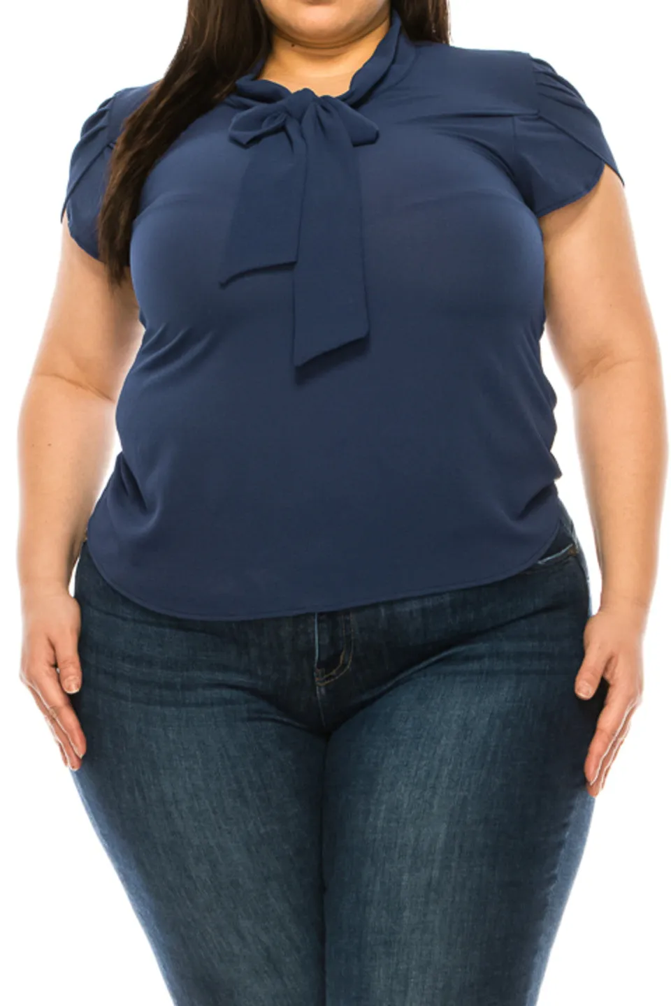 Plus Size Casual Solid Petal Sleeve Bow Tie Neck Short Sleeve Blouse Shirt Top B2040 $11