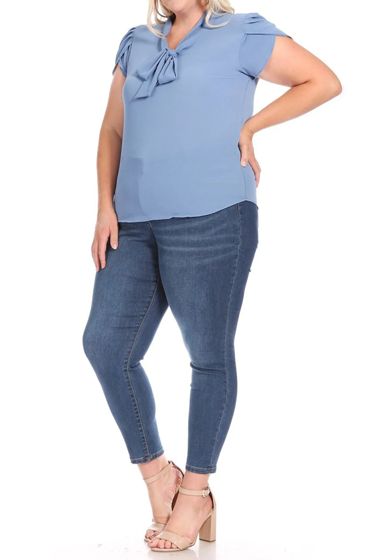 Plus Size Casual Solid Petal Sleeve Bow Tie Neck Short Sleeve Blouse Shirt Top B2040 $11
