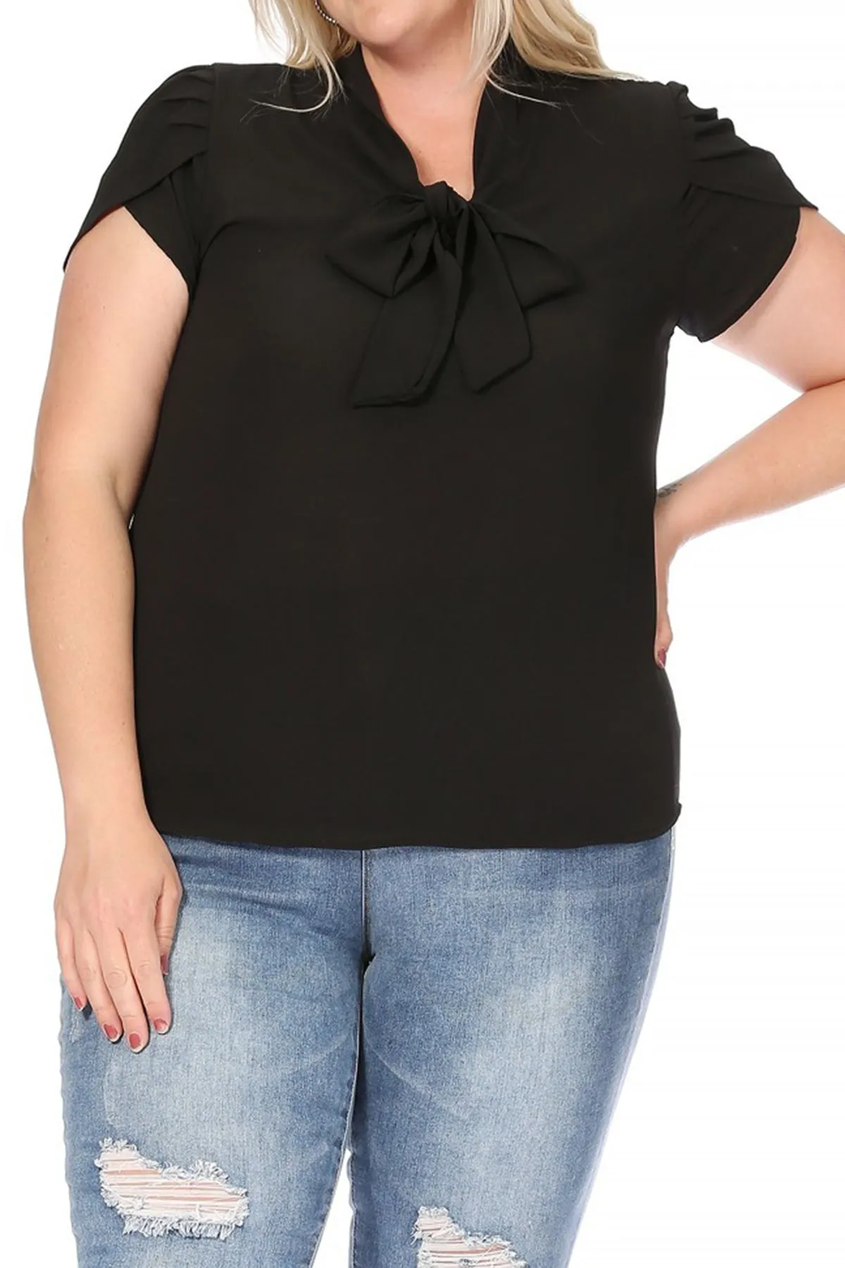 Plus Size Casual Solid Petal Sleeve Bow Tie Neck Short Sleeve Blouse Shirt Top B2040 $11