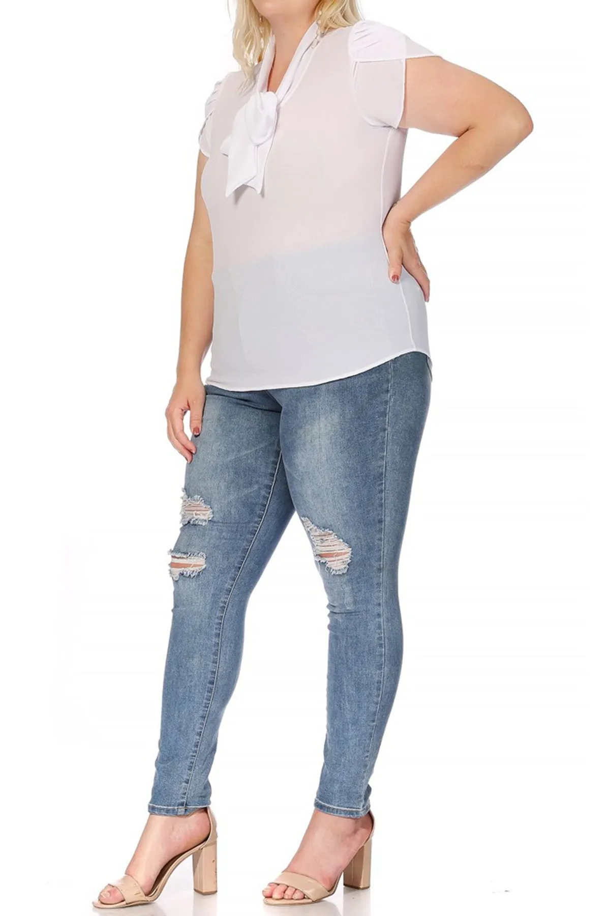 Plus Size Casual Solid Petal Sleeve Bow Tie Neck Short Sleeve Blouse Shirt Top B2040 $11