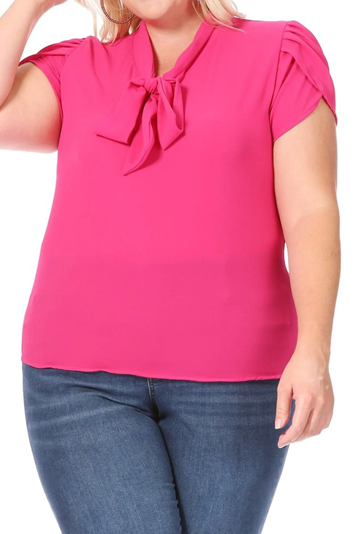 Plus Size Casual Solid Petal Sleeve Bow Tie Neck Short Sleeve Blouse Shirt Top B2040 $11