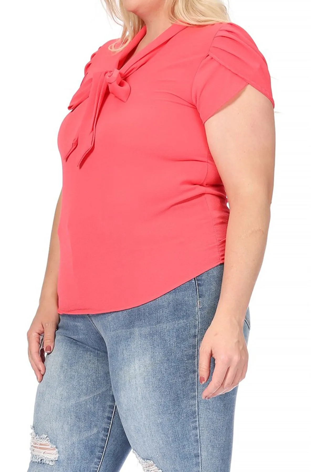 Plus Size Casual Solid Petal Sleeve Bow Tie Neck Short Sleeve Blouse Shirt Top B2040 $11
