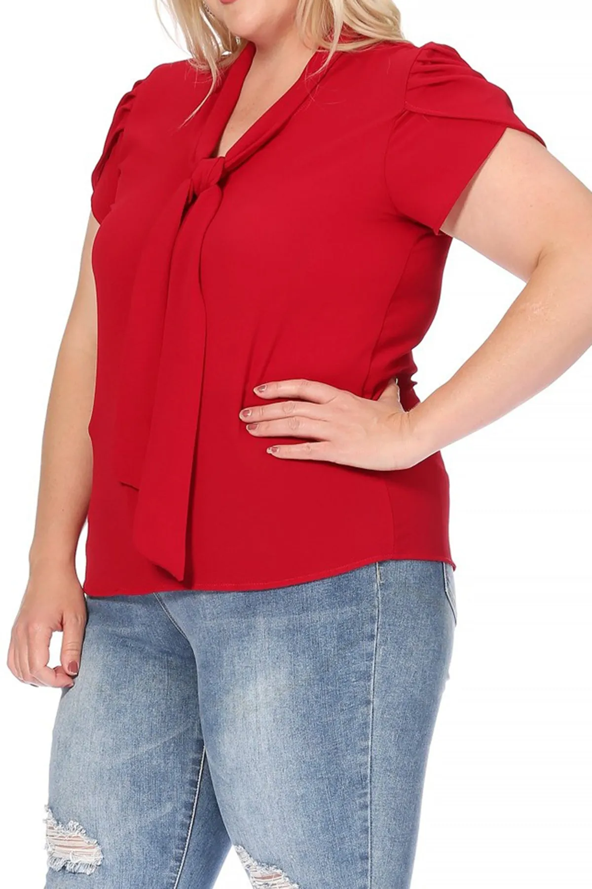 Plus Size Casual Solid Petal Sleeve Bow Tie Neck Short Sleeve Blouse Shirt Top B2040 $11