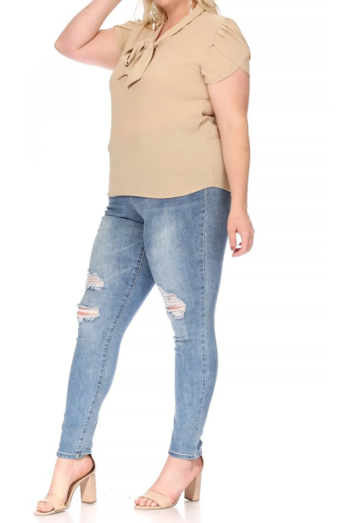 Plus Size Casual Solid Petal Sleeve Bow Tie Neck Short Sleeve Blouse Shirt Top B2040 $11
