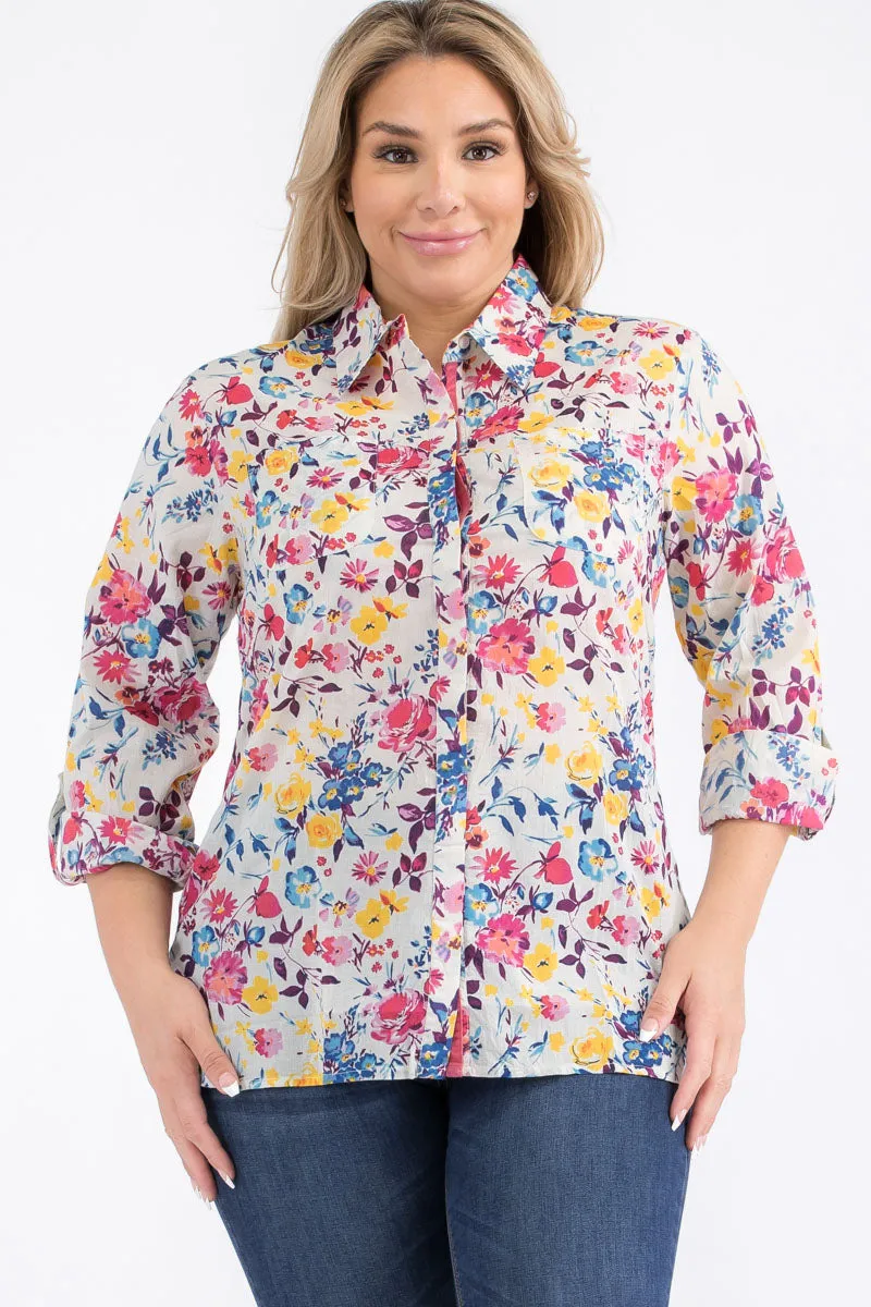 Plus Size Ivory Floral Button-Down Shirt