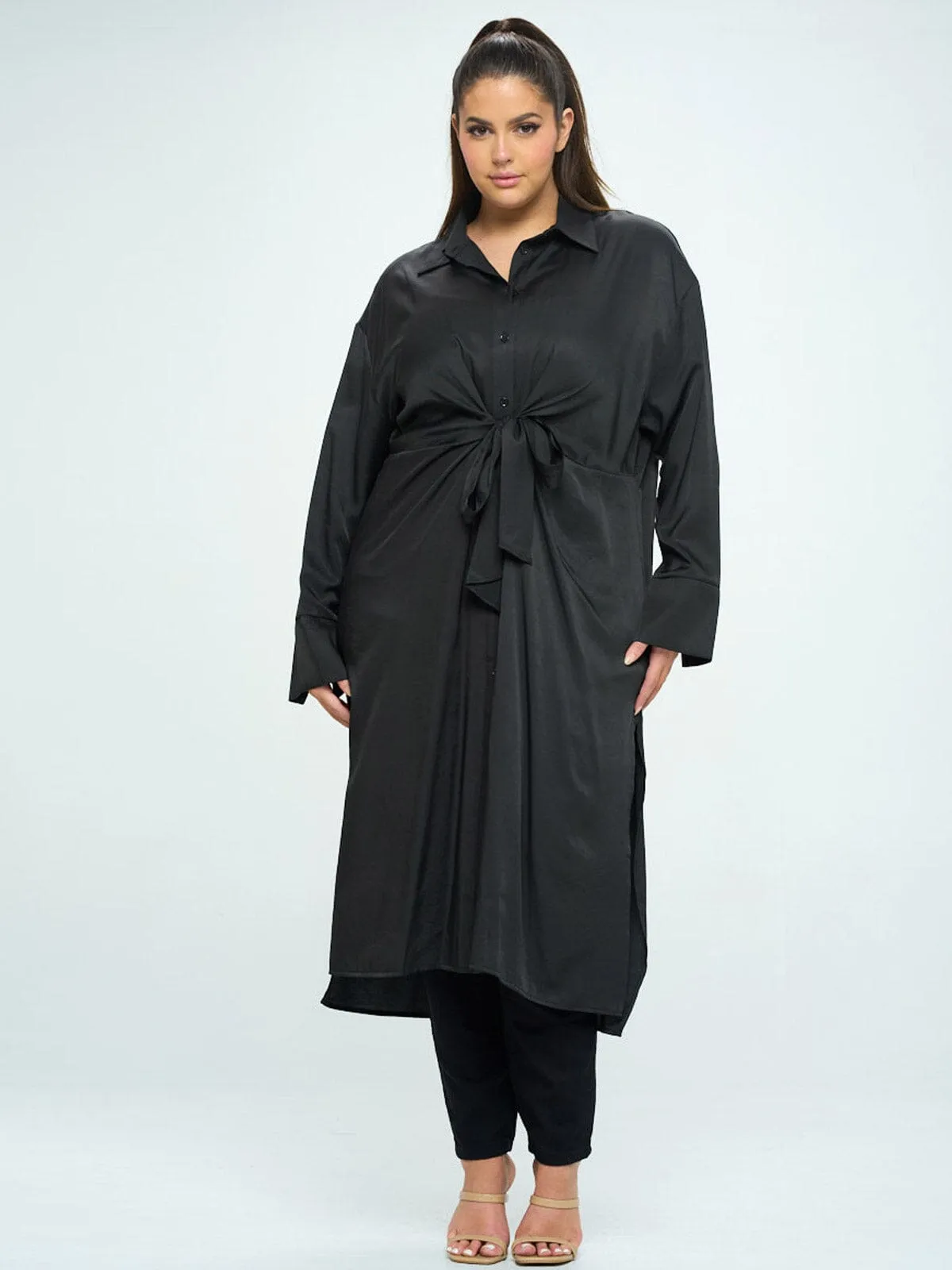 PLUS SIZE LONG SLEEVE BUTTON UP SELF TIE TUNIC BLOUSE TOP