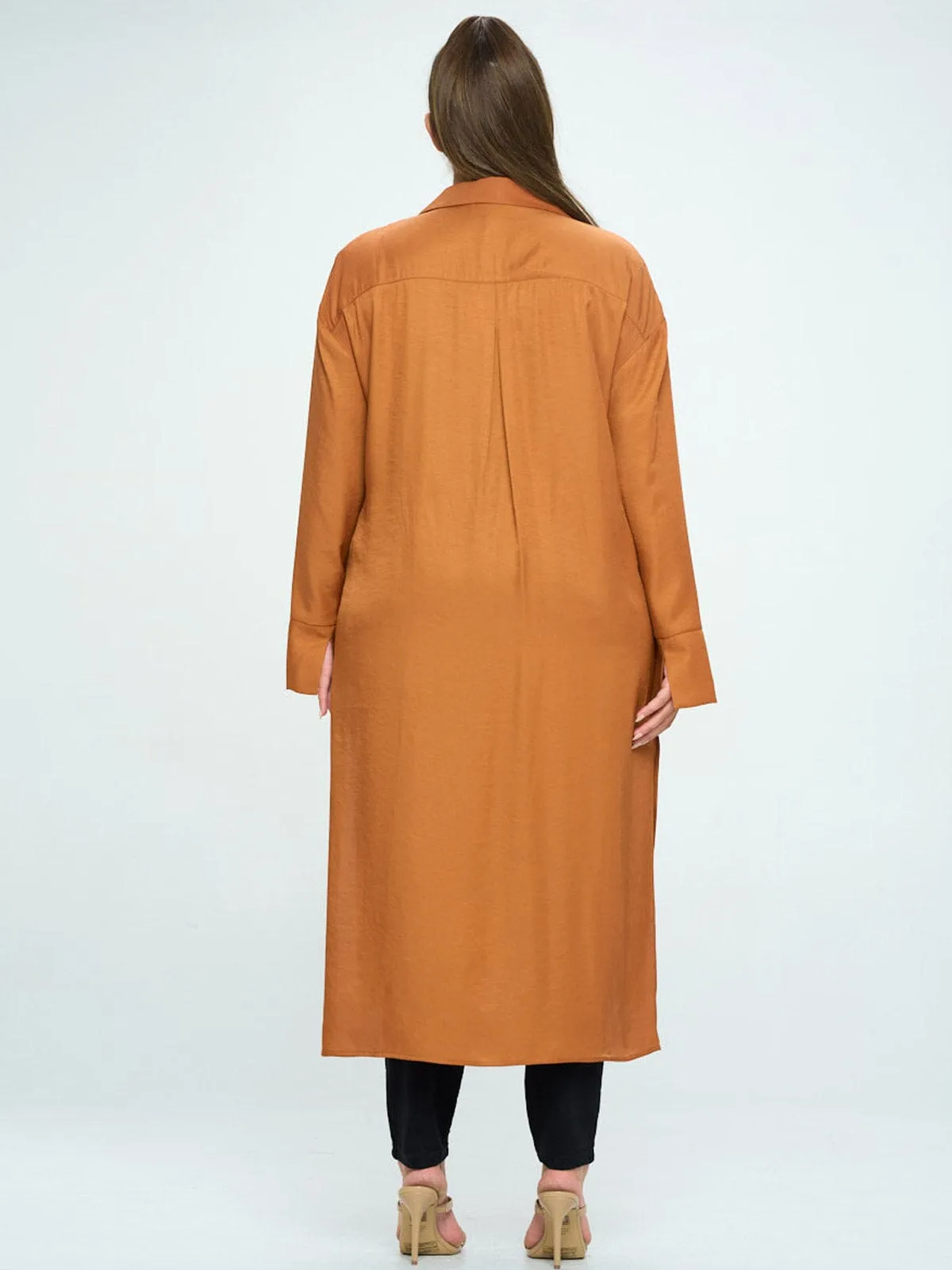 PLUS SIZE LONG SLEEVE BUTTON UP SELF TIE TUNIC BLOUSE TOP