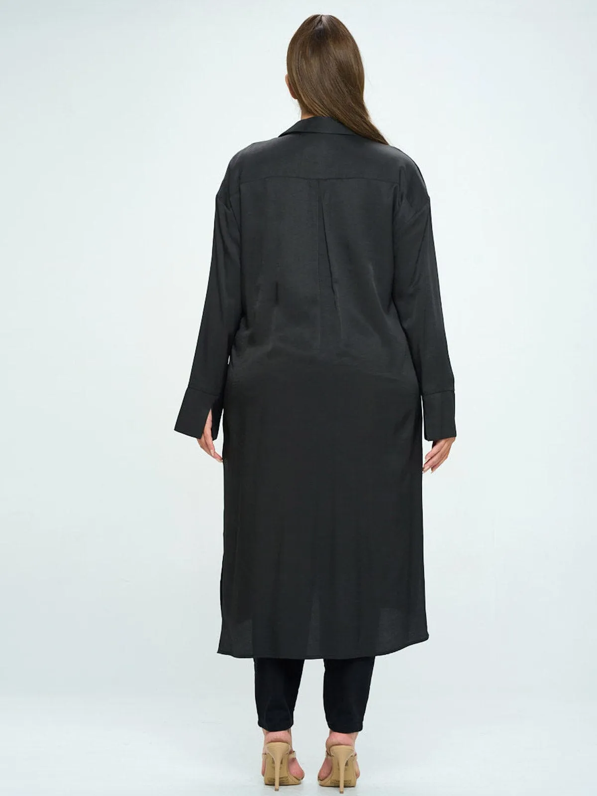 PLUS SIZE LONG SLEEVE BUTTON UP SELF TIE TUNIC BLOUSE TOP