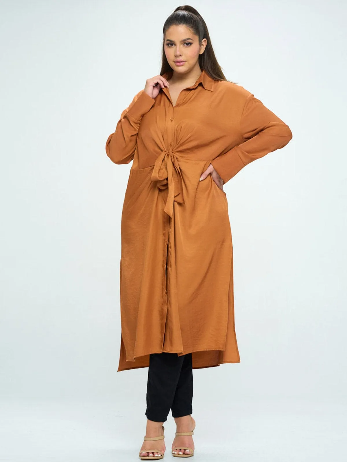 PLUS SIZE LONG SLEEVE BUTTON UP SELF TIE TUNIC BLOUSE TOP