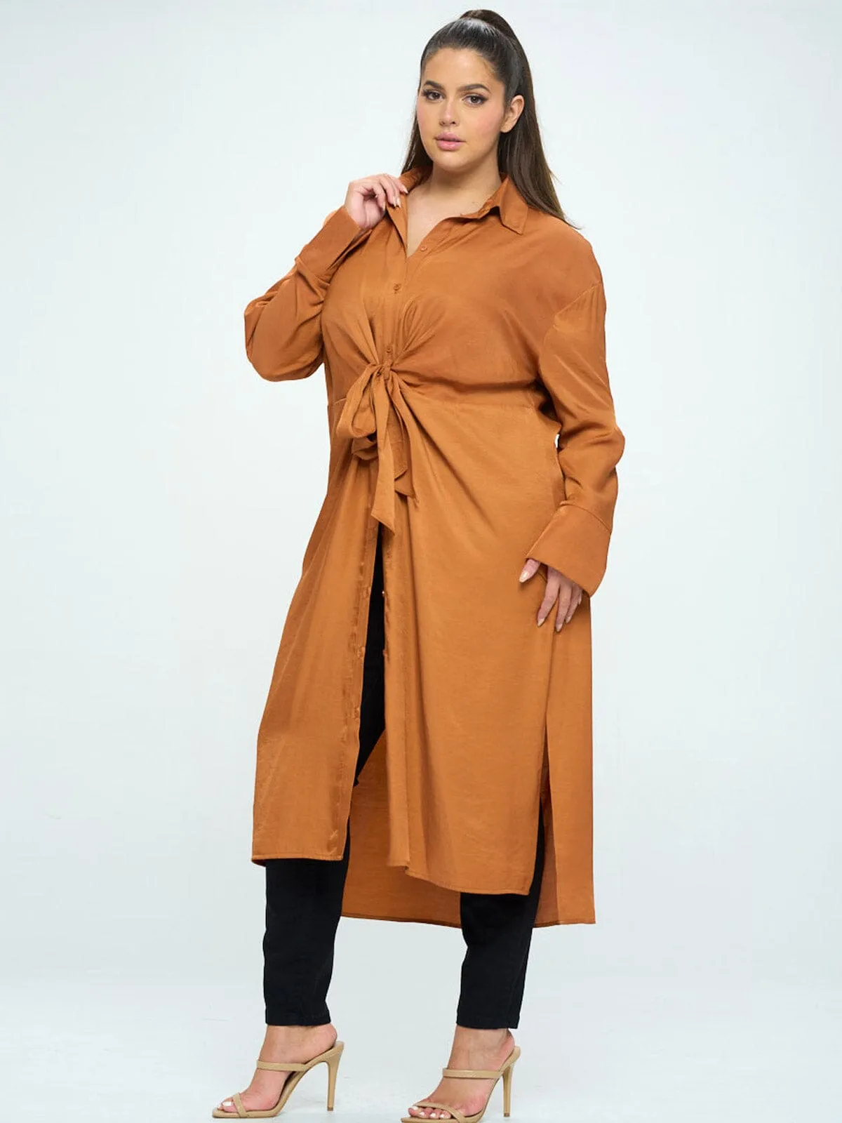 PLUS SIZE LONG SLEEVE BUTTON UP SELF TIE TUNIC BLOUSE TOP